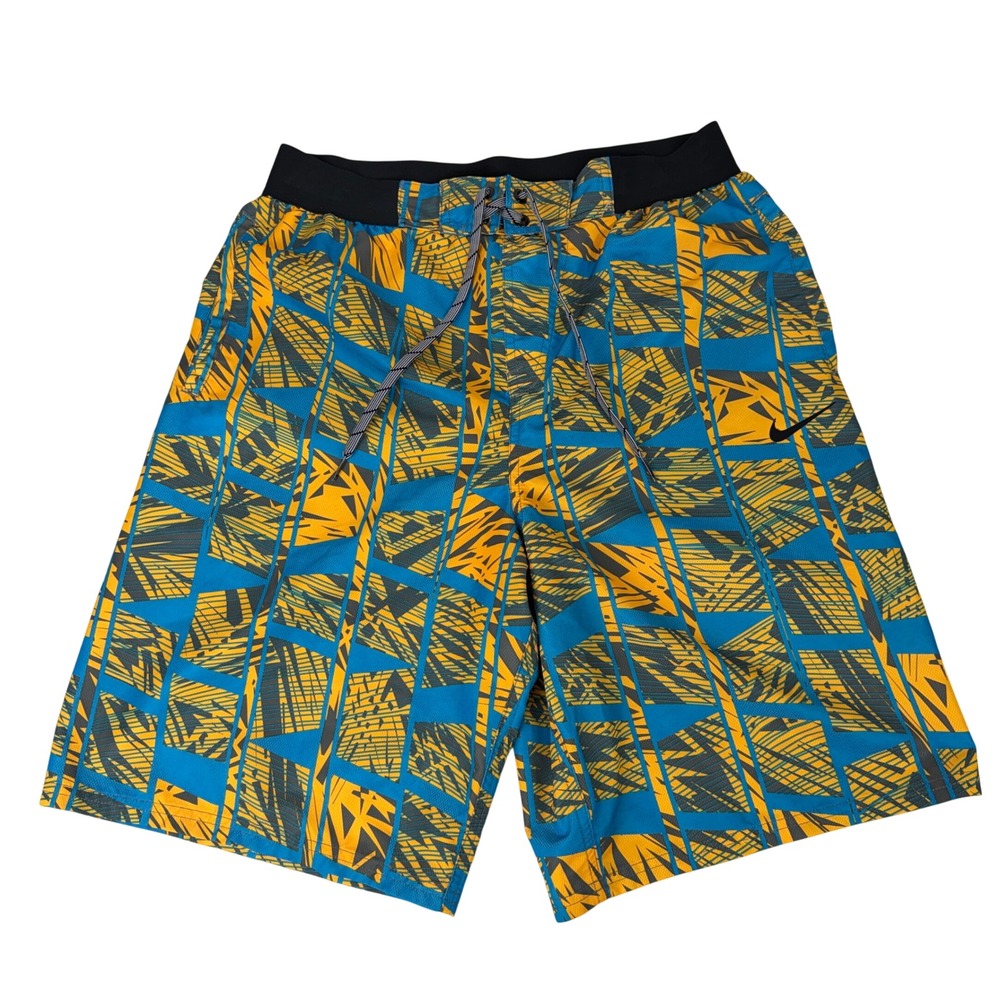 Nike Men's Board Shorts Size L Blue Yellow Geometric Print Swim Trunks‎ Athletic